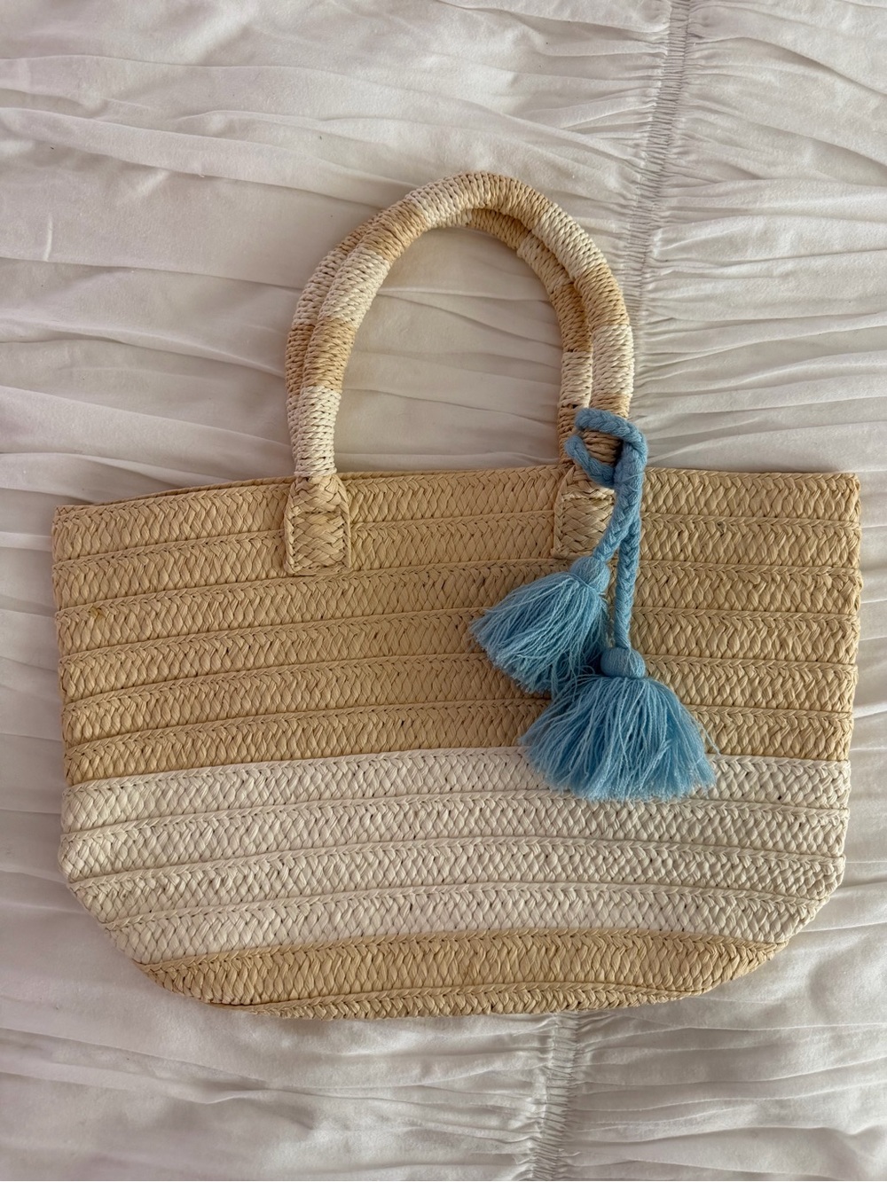 ALTRU Woven Straw Beach Tote Bag Tassel Shoulder Bag Natural Blue